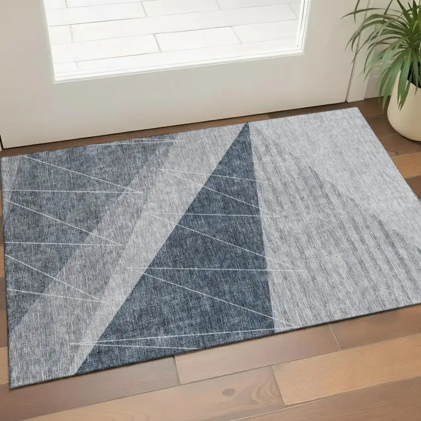 Charcoal And Ivory Geometric Washable Area Rug With UV Protection Photo 1