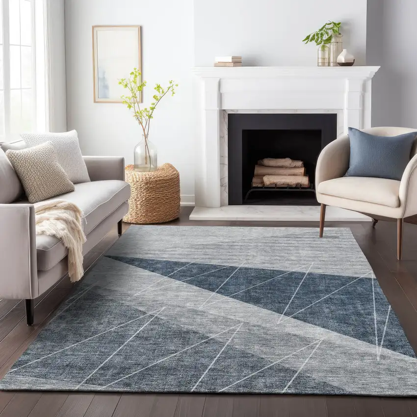 Charcoal And Ivory Geometric Washable Area Rug With UV Protection Photo 4