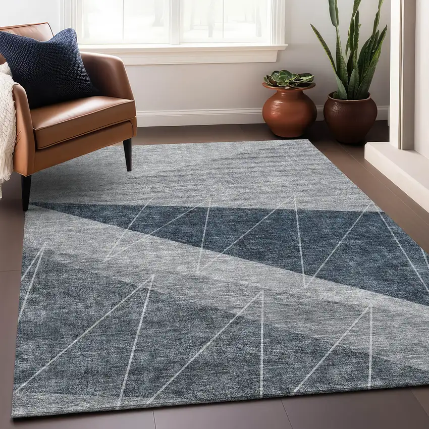Charcoal And Ivory Geometric Washable Area Rug With UV Protection Photo 5