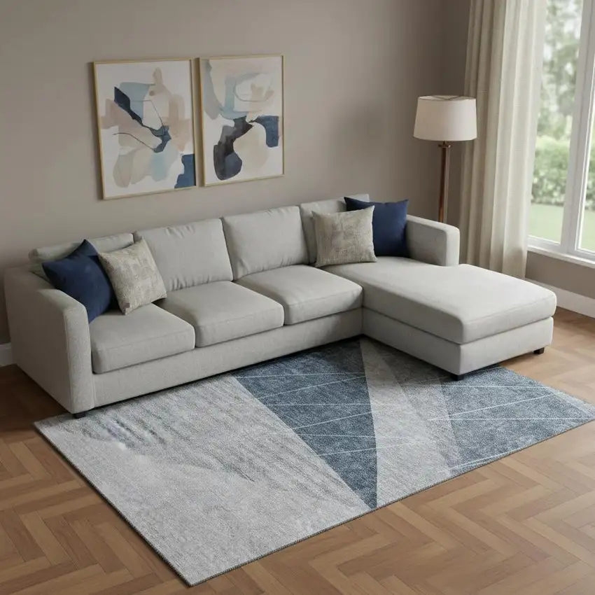 Charcoal And Ivory Geometric Washable Area Rug With UV Protection Photo 1