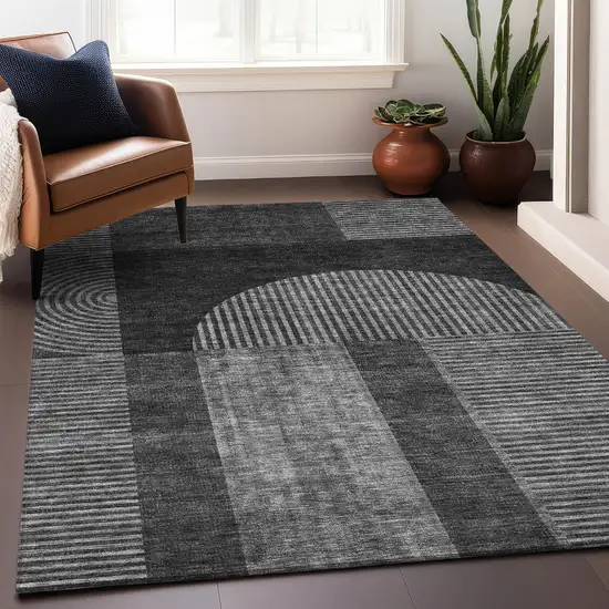 Charcoal And Ivory Geometric Washable Area Rug With UV Protection Photo 4
