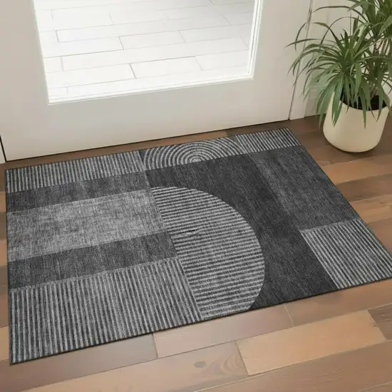 Charcoal And Ivory Geometric Washable Area Rug With UV Protection Photo 1
