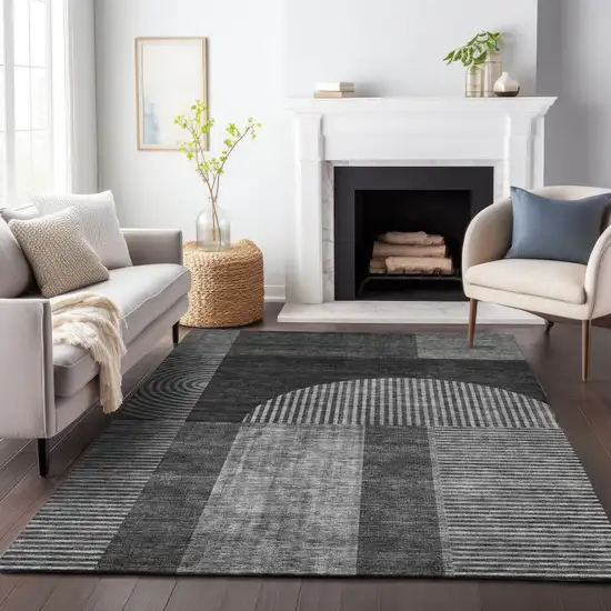 Charcoal And Ivory Geometric Washable Area Rug With UV Protection Photo 3