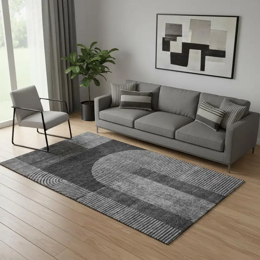 Charcoal And Ivory Geometric Washable Area Rug With UV Protection Photo 1