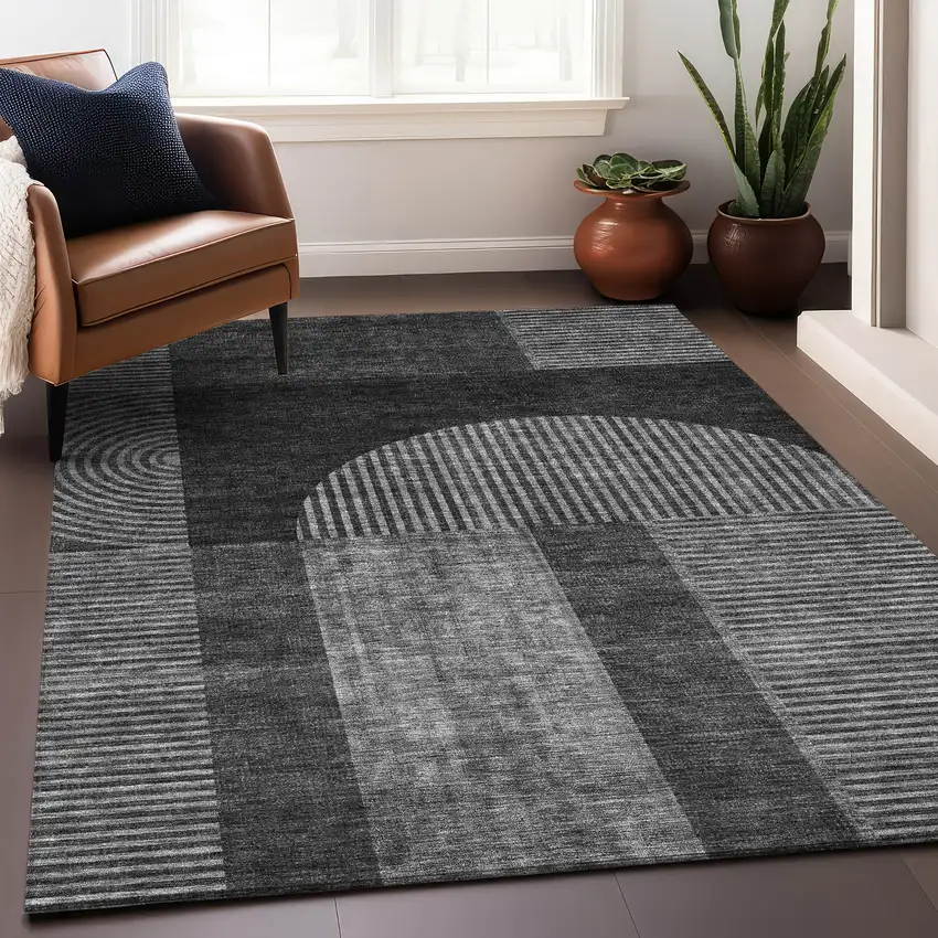 Charcoal And Ivory Geometric Washable Area Rug With UV Protection Photo 5