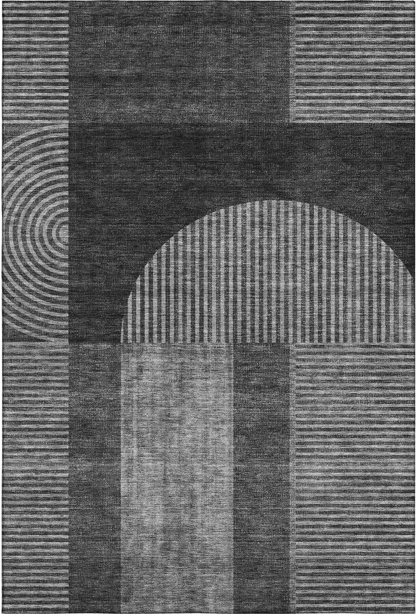 Charcoal And Ivory Geometric Washable Area Rug With UV Protection Photo 1