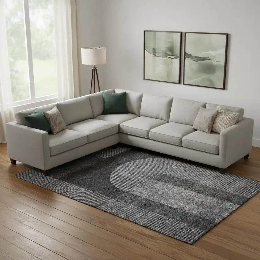 Charcoal And Ivory Geometric Washable Area Rug With UV Protection Photo 1