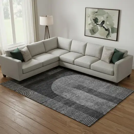 Charcoal And Ivory Geometric Washable Area Rug With UV Protection Photo 1