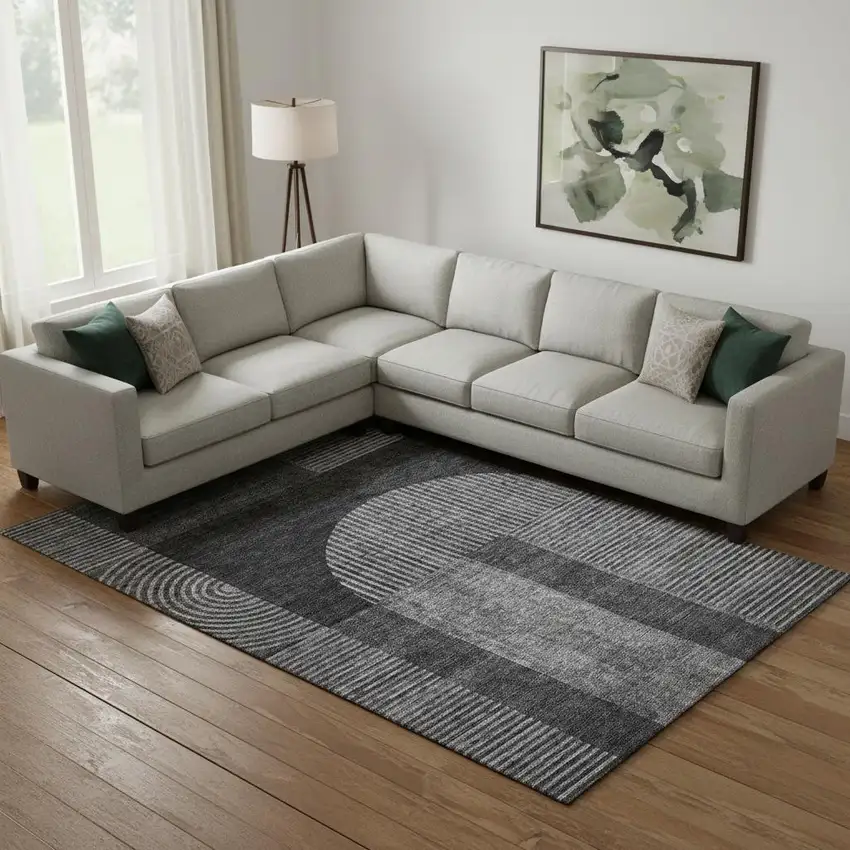 Charcoal And Ivory Geometric Washable Area Rug With UV Protection Photo 1