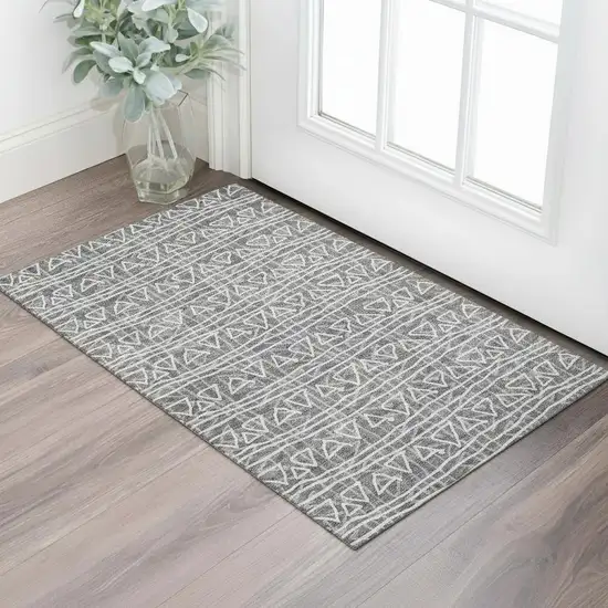 Charcoal And Ivory Geometric Washable Area Rug With UV Protection Photo 1