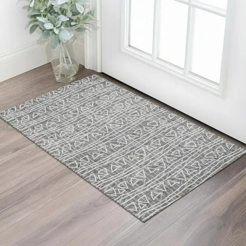 Charcoal And Ivory Geometric Washable Area Rug With UV Protection Photo 1