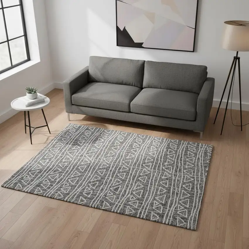 Charcoal And Ivory Geometric Washable Area Rug With UV Protection Photo 2