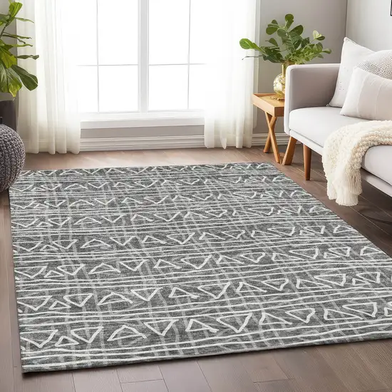 Charcoal And Ivory Geometric Washable Area Rug With UV Protection Photo 5