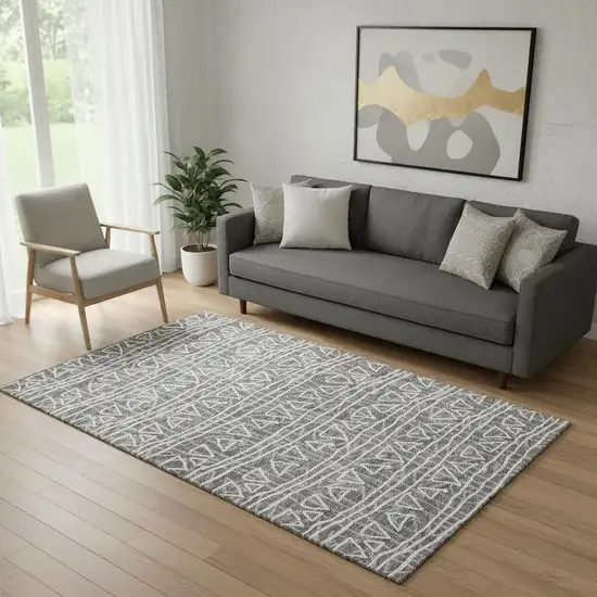 Charcoal And Ivory Geometric Washable Area Rug With UV Protection Photo 1
