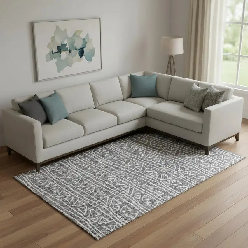 Charcoal And Ivory Geometric Washable Area Rug With UV Protection Photo 1