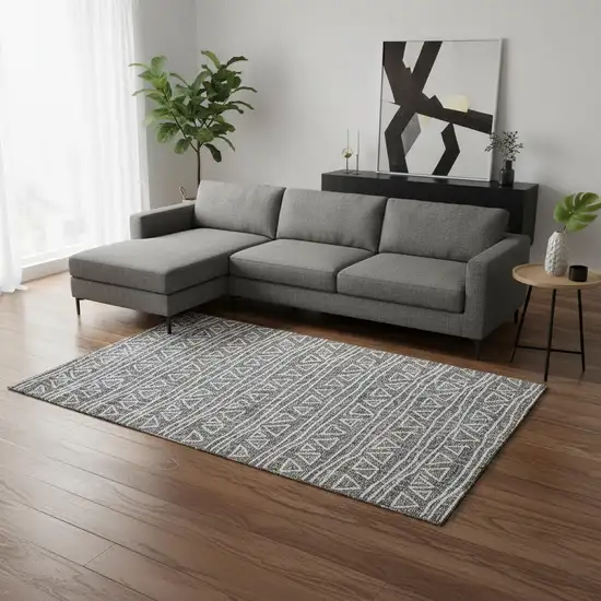 Charcoal And Ivory Geometric Washable Area Rug With UV Protection Photo 2