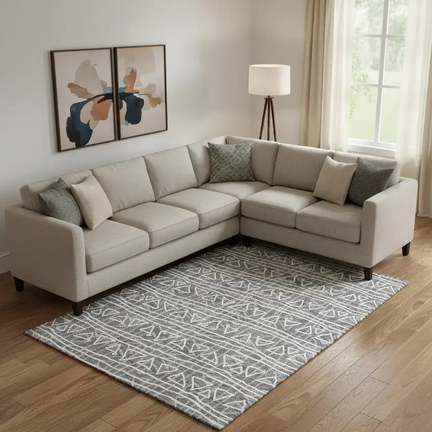 Charcoal And Ivory Geometric Washable Area Rug With UV Protection Photo 1