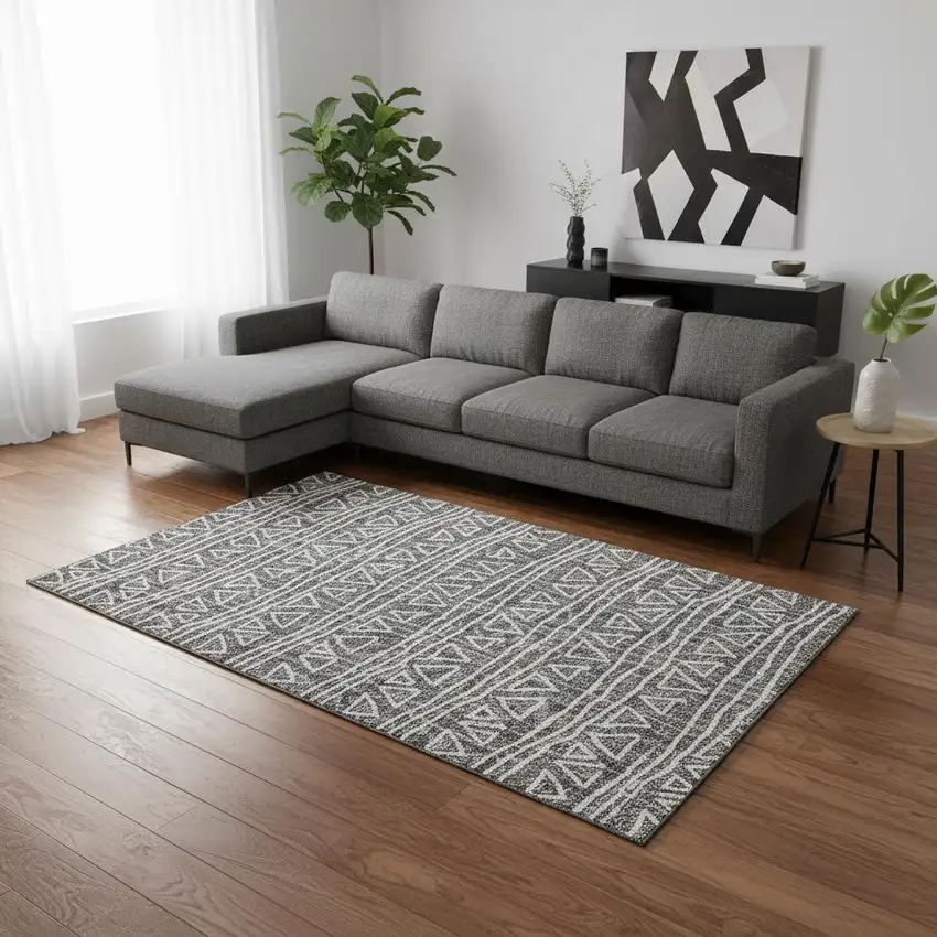 Charcoal And Ivory Geometric Washable Area Rug With UV Protection Photo 2
