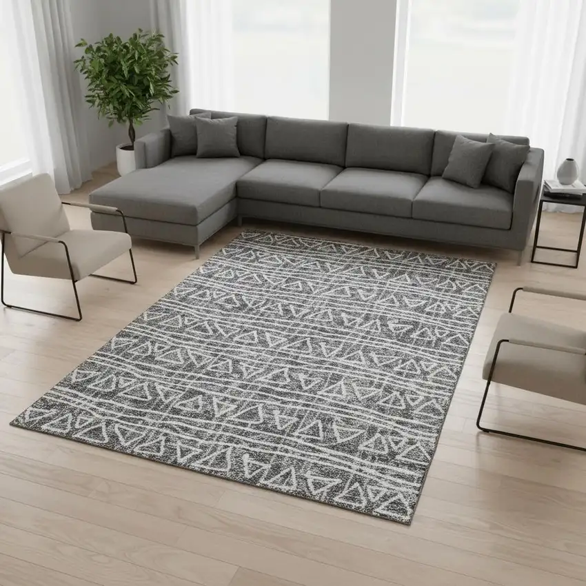Charcoal And Ivory Geometric Washable Area Rug With UV Protection Photo 2