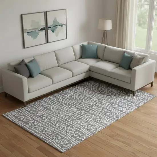 Charcoal And Ivory Geometric Washable Area Rug With UV Protection Photo 1