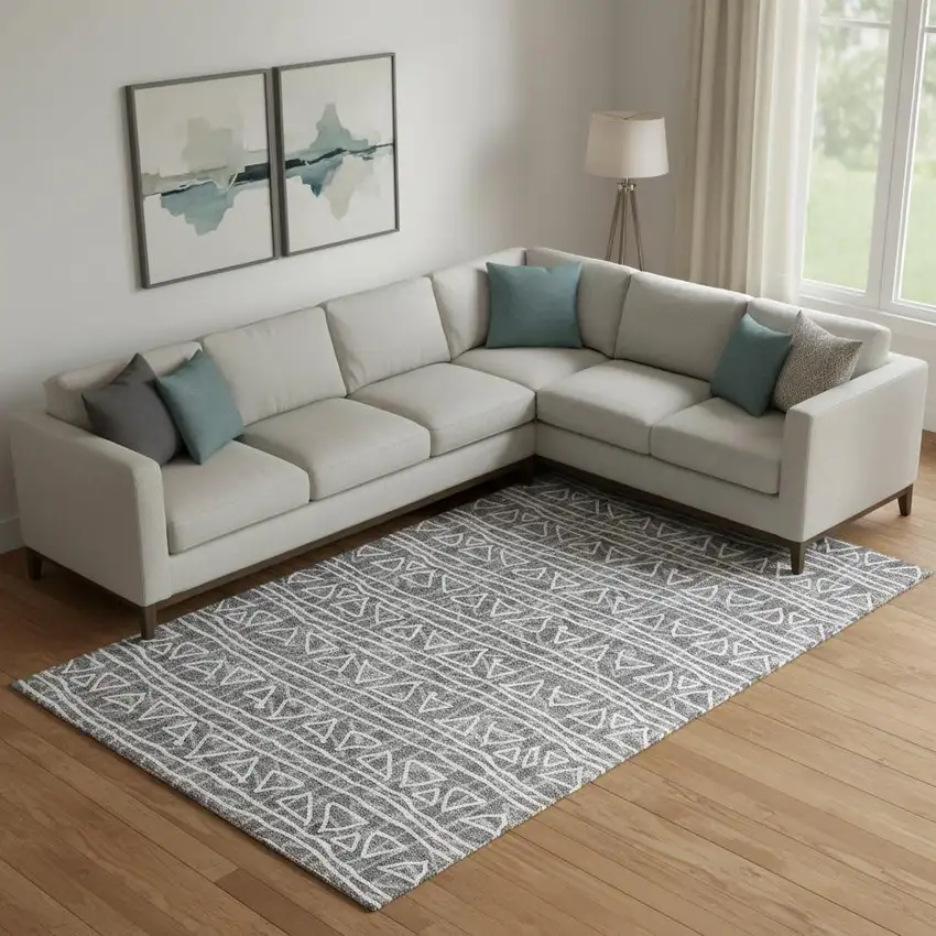 Charcoal And Ivory Geometric Washable Area Rug With UV Protection Photo 1