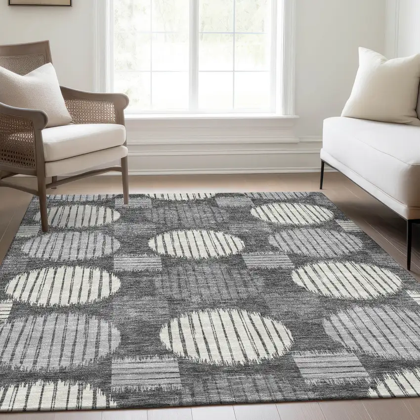 Charcoal And Ivory Geometric Washable Area Rug With UV Protection Photo 6