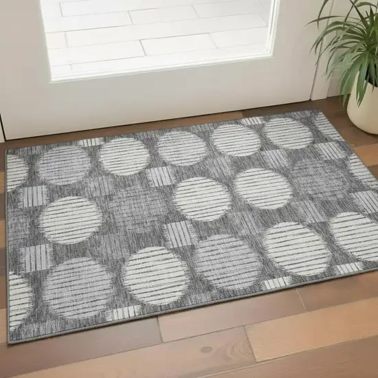 Charcoal And Ivory Geometric Washable Area Rug With UV Protection Photo 1