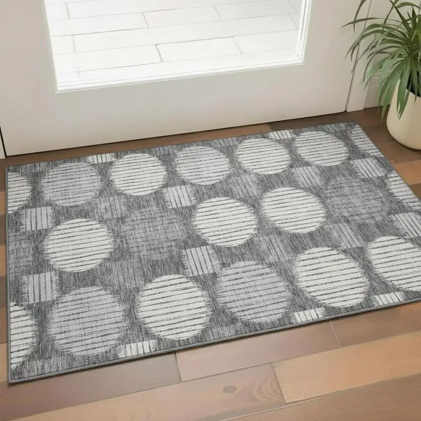 Charcoal And Ivory Geometric Washable Area Rug With UV Protection Photo 1