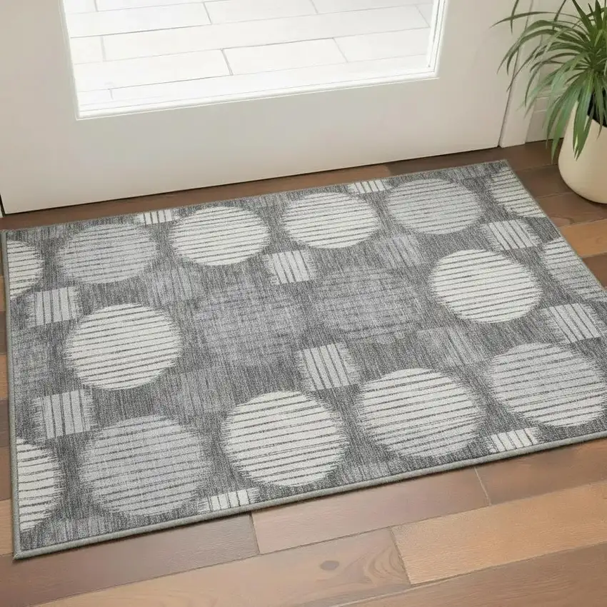 Charcoal And Ivory Geometric Washable Area Rug With UV Protection Photo 2