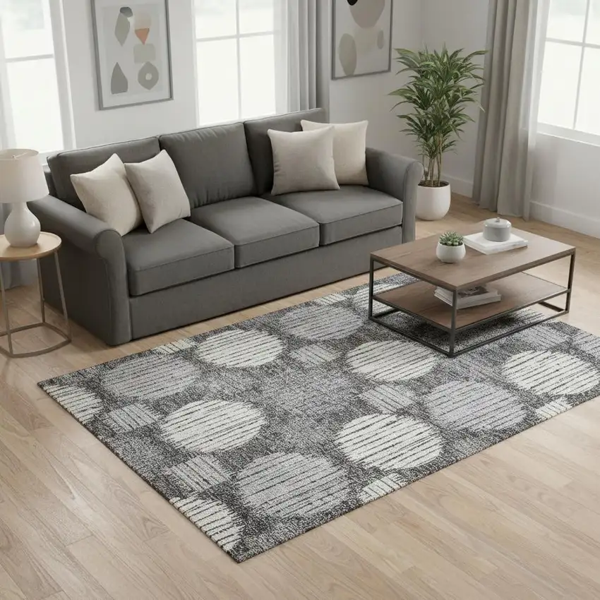 Charcoal And Ivory Geometric Washable Area Rug With UV Protection Photo 2