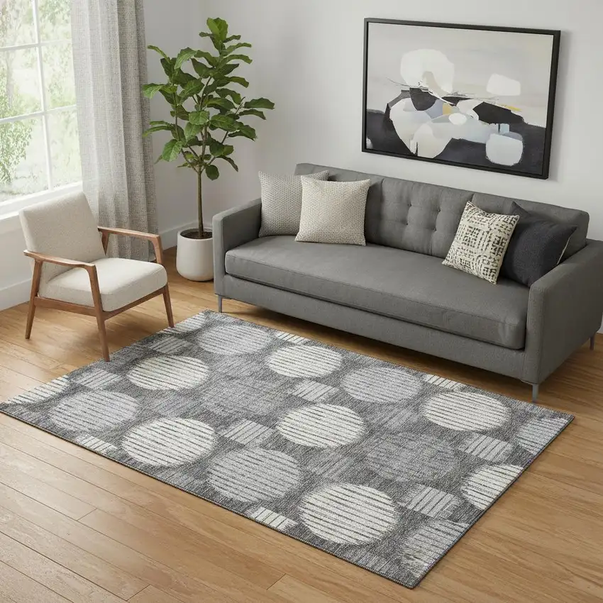 Charcoal And Ivory Geometric Washable Area Rug With UV Protection Photo 1