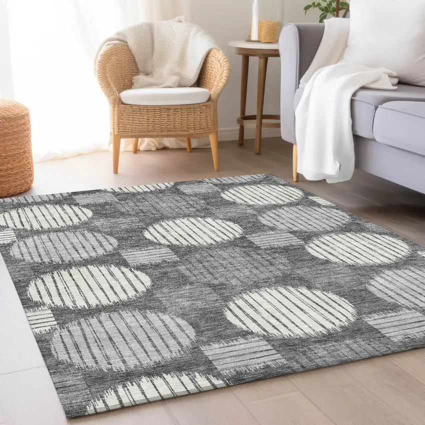Charcoal And Ivory Geometric Washable Area Rug With UV Protection Photo 5