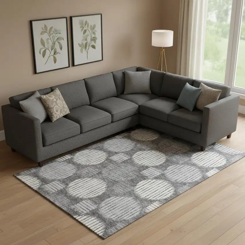 Charcoal And Ivory Geometric Washable Area Rug With UV Protection Photo 1