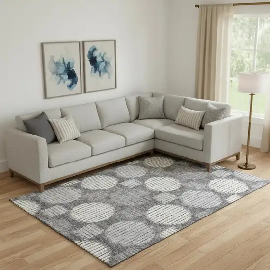 Charcoal And Ivory Geometric Washable Area Rug With UV Protection Photo 1