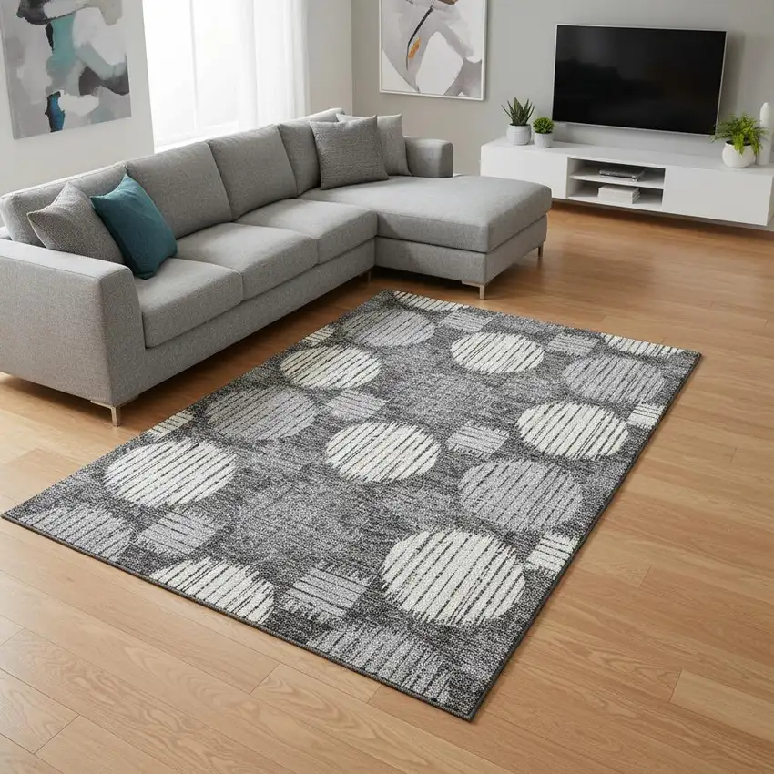 Charcoal And Ivory Geometric Washable Area Rug With UV Protection Photo 2