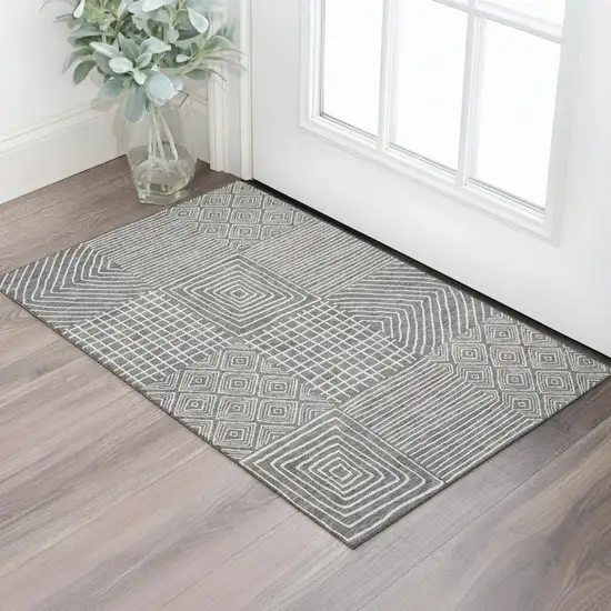 Charcoal And Ivory Geometric Washable Area Rug With UV Protection Photo 2