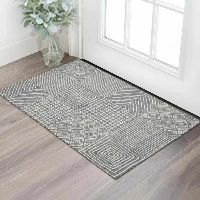 Charcoal And Ivory Geometric Washable Area Rug With UV Protection Photo 2