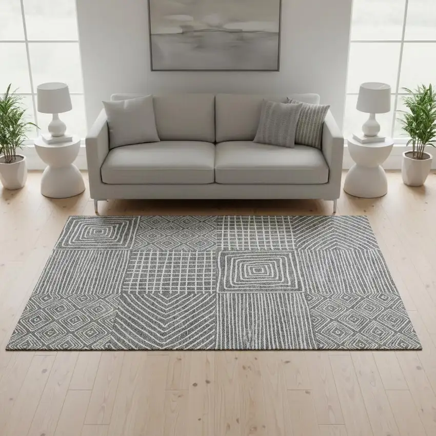 Charcoal And Ivory Geometric Washable Area Rug With UV Protection Photo 2