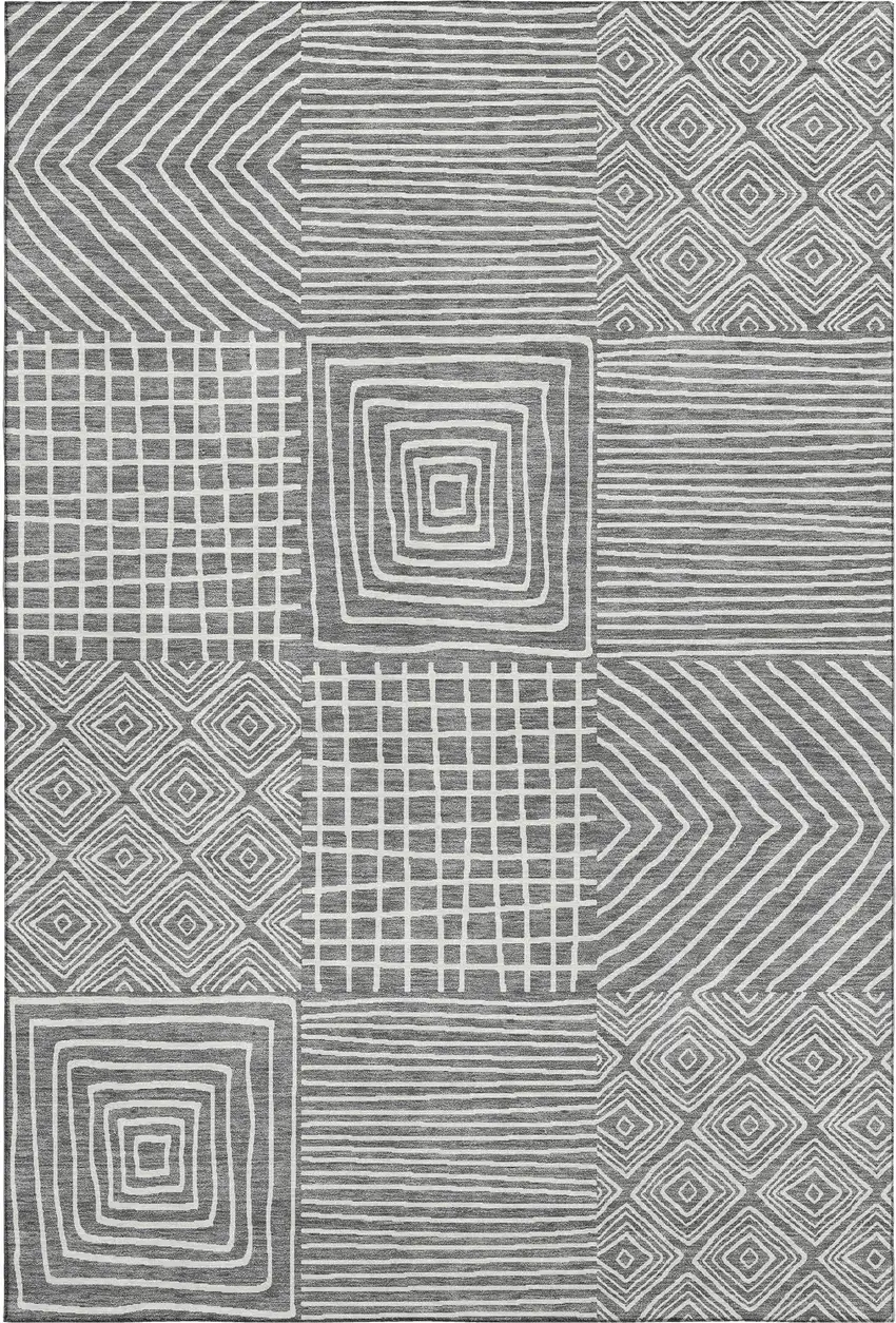 Charcoal And Ivory Geometric Washable Area Rug With UV Protection Photo 1