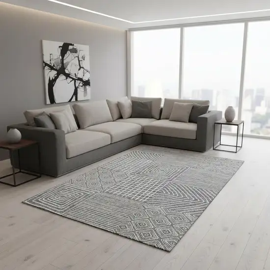 Charcoal And Ivory Geometric Washable Area Rug With UV Protection Photo 2