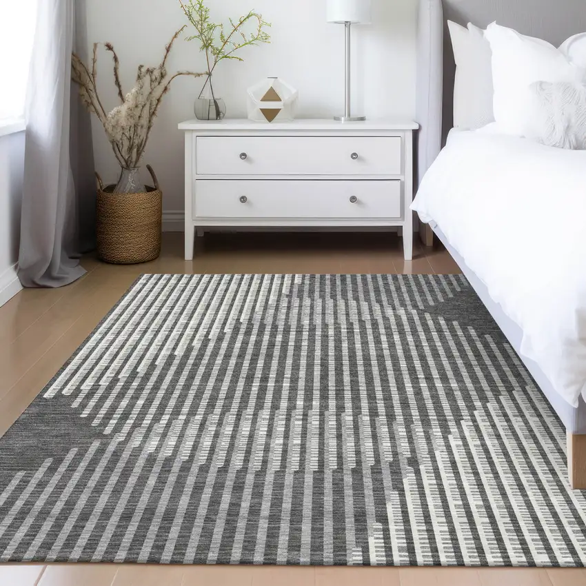 Charcoal And Ivory Geometric Washable Indoor Outdoor Area Rug Photo 9
