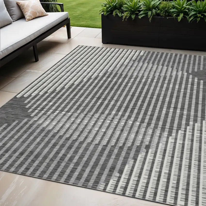 Charcoal And Ivory Geometric Washable Indoor Outdoor Area Rug Photo 1