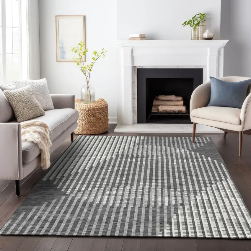 Charcoal And Ivory Geometric Washable Indoor Outdoor Area Rug Photo 9