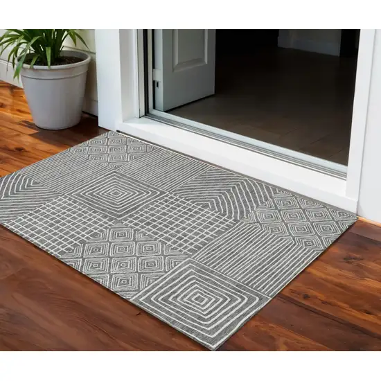 Charcoal And Ivory Geometric Washable Indoor Outdoor Area Rug Photo 1