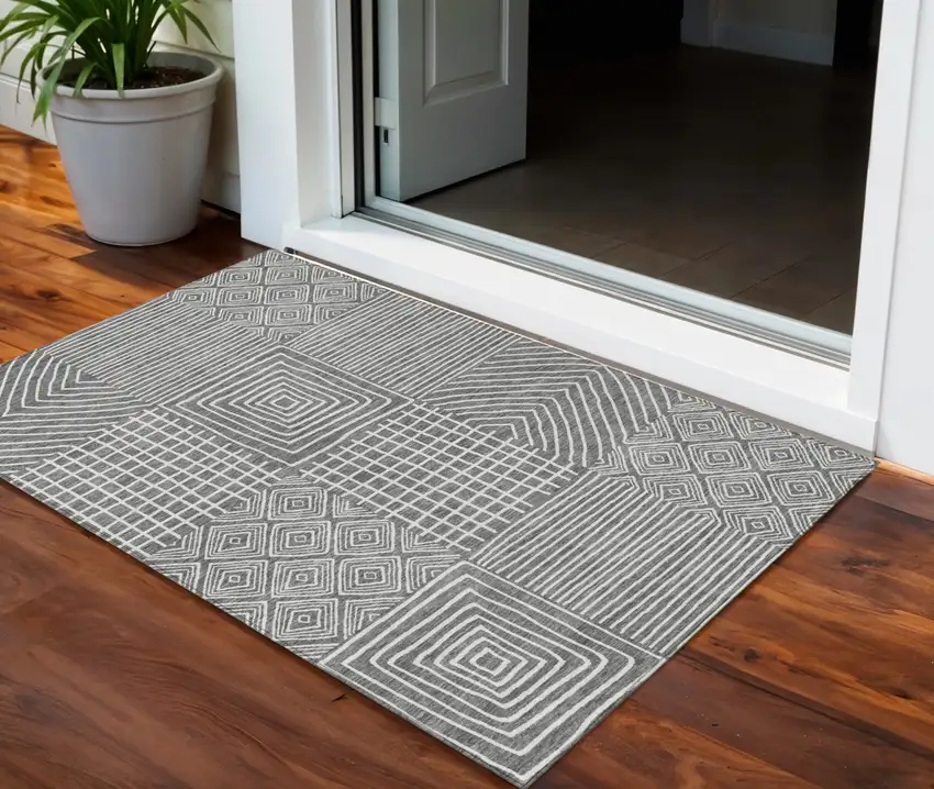 Charcoal And Ivory Geometric Washable Indoor Outdoor Area Rug Photo 1