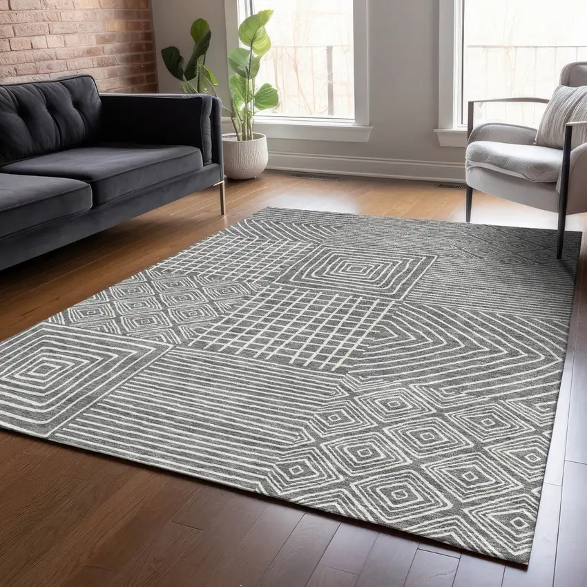 Charcoal And Ivory Geometric Washable Indoor Outdoor Area Rug Photo 9