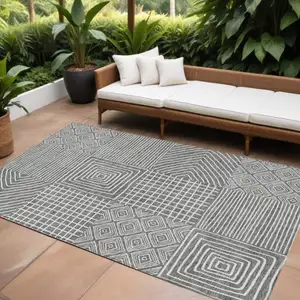 Photo of Charcoal And Ivory Geometric Washable Indoor Outdoor Area Rug
