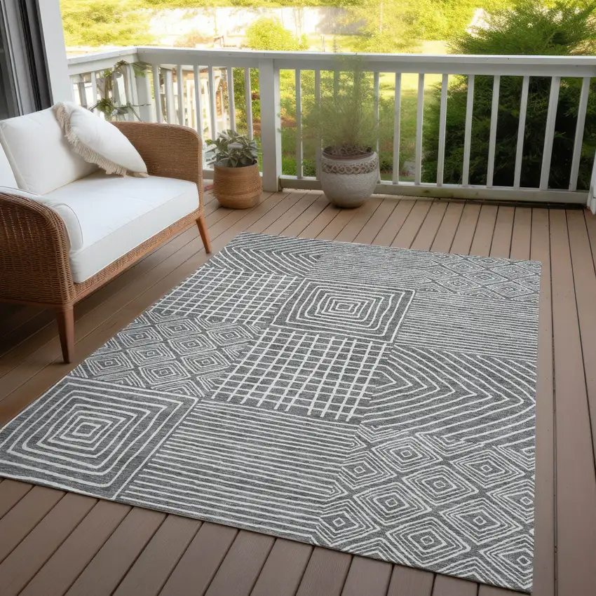 Charcoal And Ivory Geometric Washable Indoor Outdoor Area Rug Photo 8
