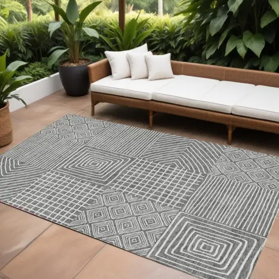 Charcoal And Ivory Geometric Washable Indoor Outdoor Area Rug Photo 1