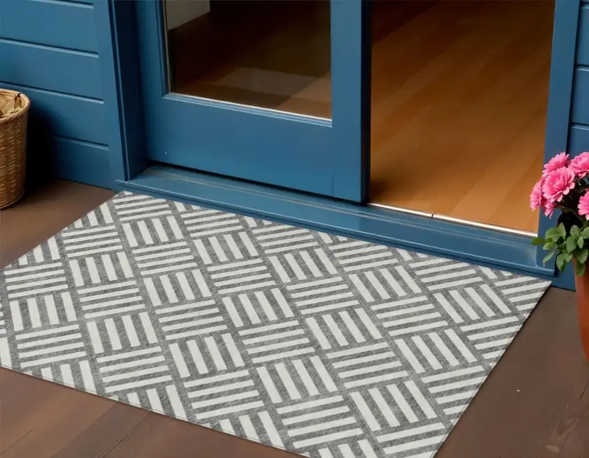 Charcoal And Ivory Geometric Washable Indoor Outdoor Area Rug Photo 1